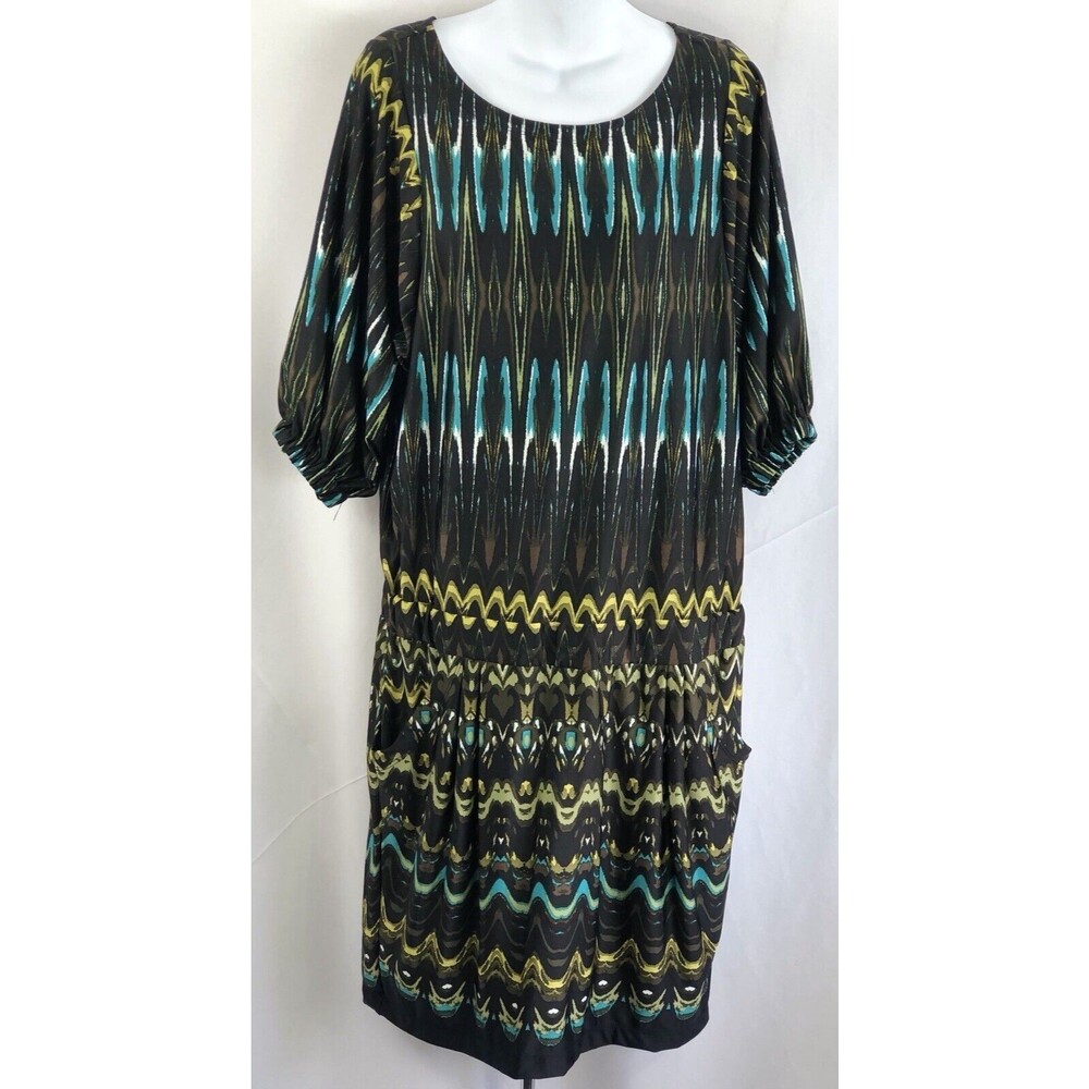 Vintage Jonathan Martin Midi Dress XL Blk Tribal Drop Waist Pockets Retro 80 90s